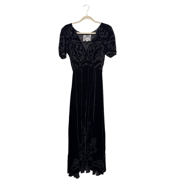Love Johnny Was Velvet Maxi Dress Silk Embroidered Floral Holiday Party Black XS - Picture 2 of 12